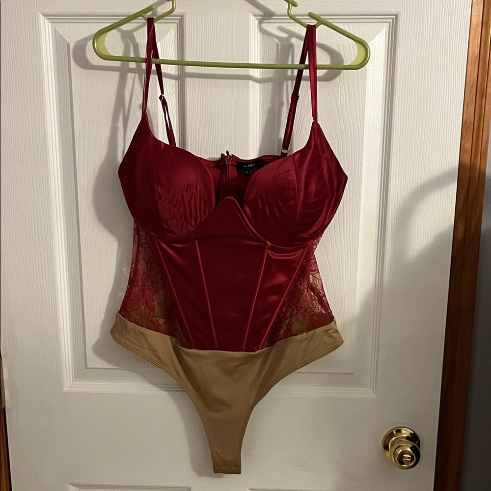 JLUXLABEL Burgundy and Tan Satin Lace Bodysuit